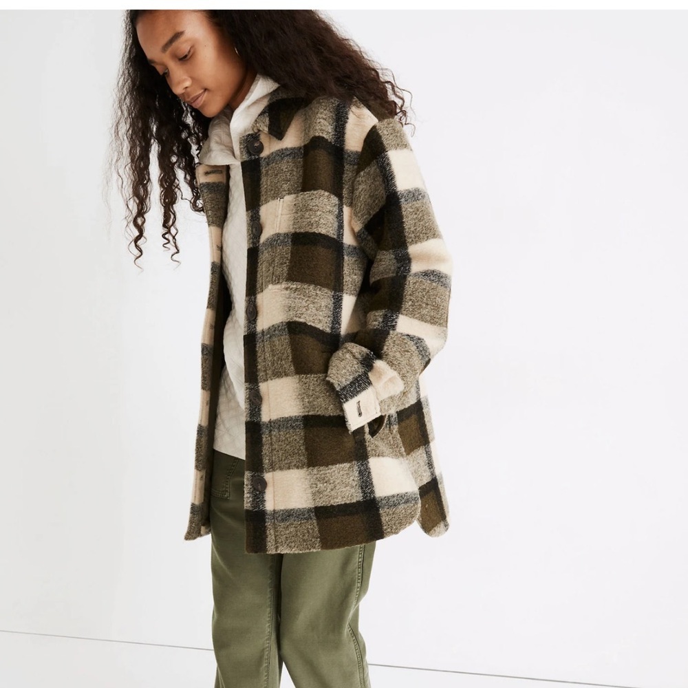 Madewell Belrose Shirt-jacket Wool Blend In Maran Plaid Green Black Ivory LG NWT - Picture 3 of 16